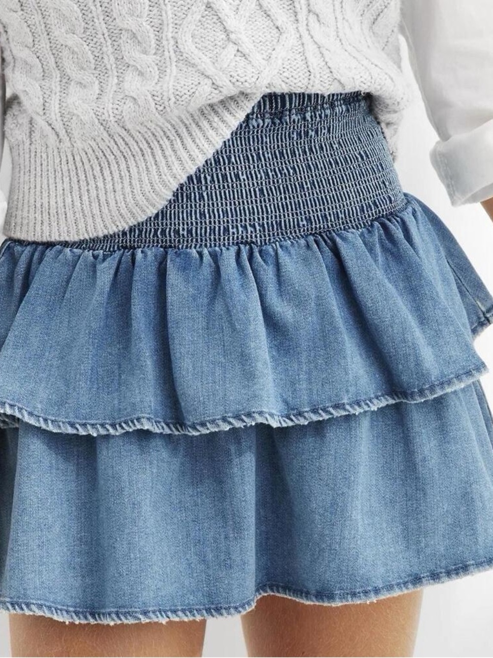 Aerie Smocked Waist Tiered Denim Mini Skirt - Blue